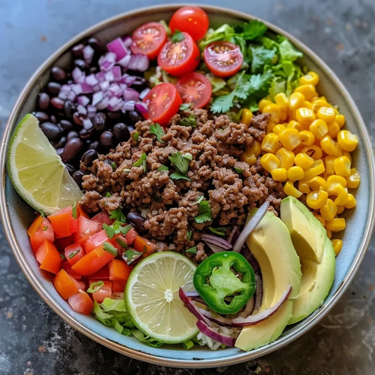 A close-up side view of a Ground Beef Burrito Bowl with vibrant ingredients.