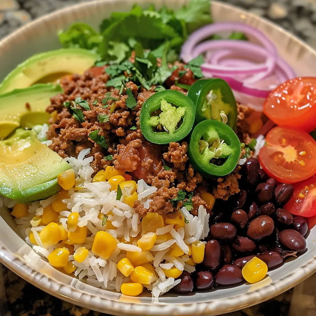 A juicy Ground Beef Burrito Bowl featuring colorful toppings and condiments.