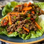 Close-up of ground beef lettuce wraps filled with colorful diced vegetables.