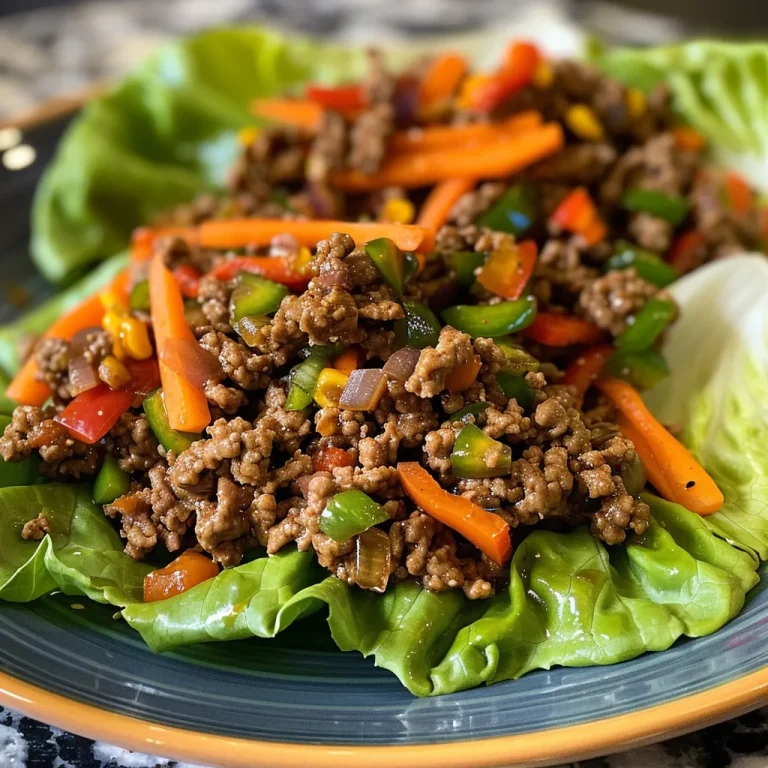 Close-up of ground beef lettuce wraps filled with colorful diced vegetables.