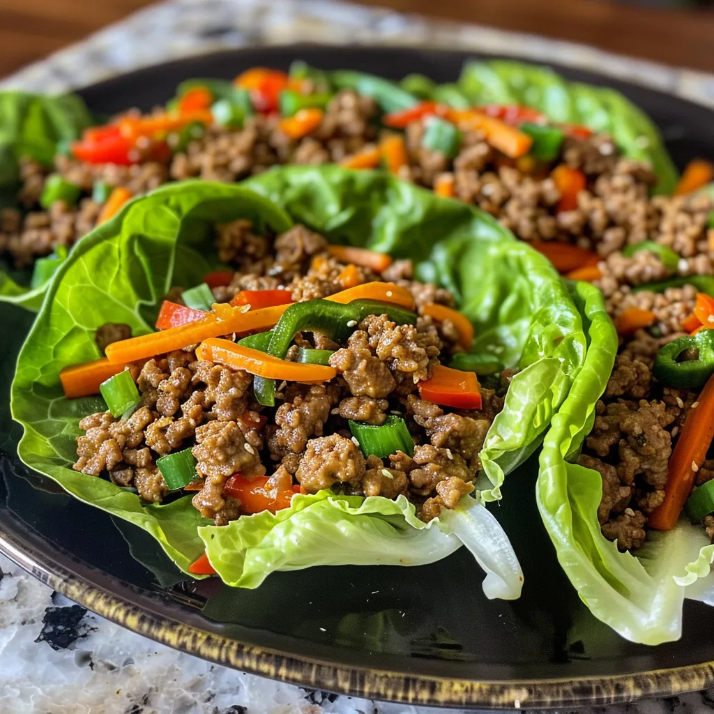 Side view of juicy ground beef wrapped in fresh lettuce leaves with garnishes.