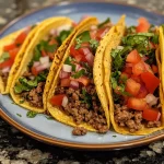 Close-up of juicy ground beef tacos garnished with lettuce, cheese, and tomatoes.