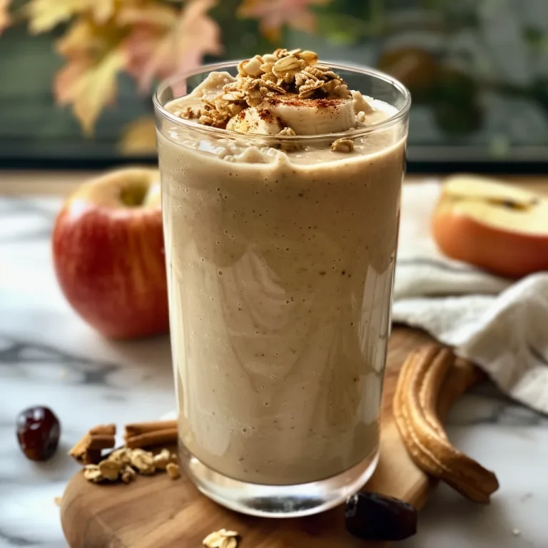A close-up view of a Healthy Apple Pie Smoothie in a glass with fresh apple slices.