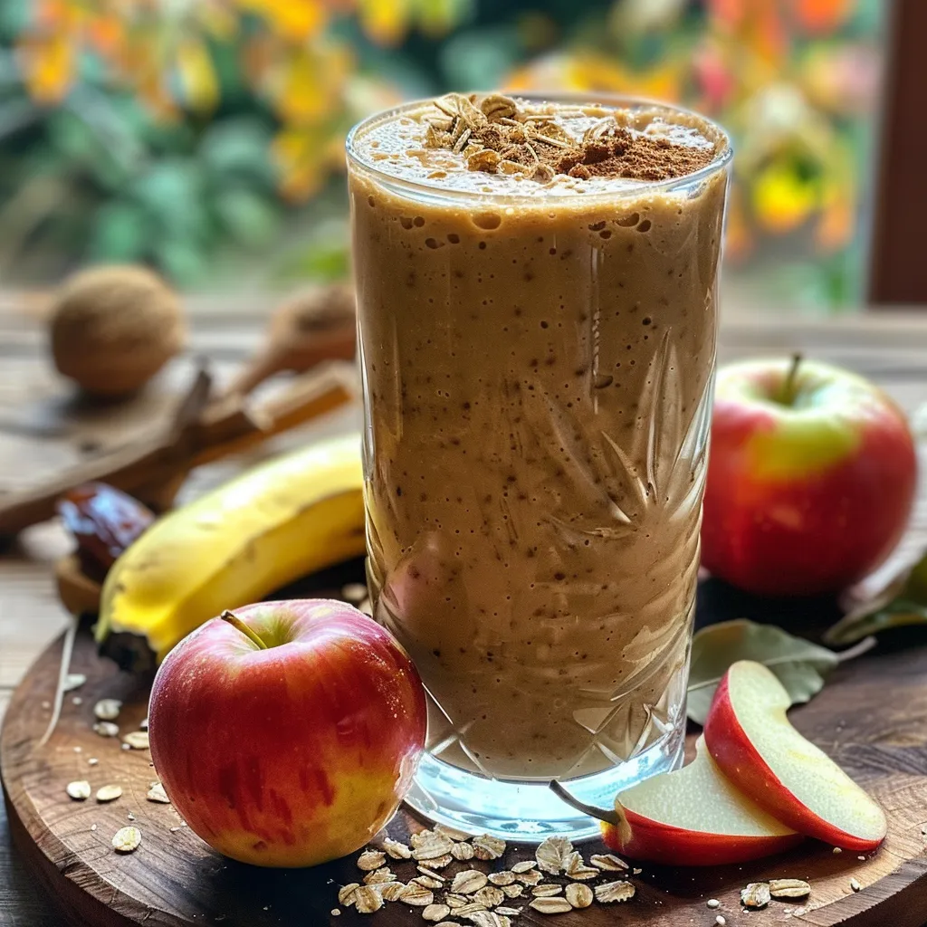 A side view of a delicious Healthy Apple Pie Smoothie on a table, garnished with cinnamon.