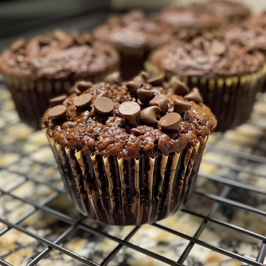 Side view of delicious chocolate muffins topped with dark chocolate chips.