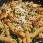 A close-up view of Healthy Garlic Parmesan Chicken Pasta with fresh herbs on top.