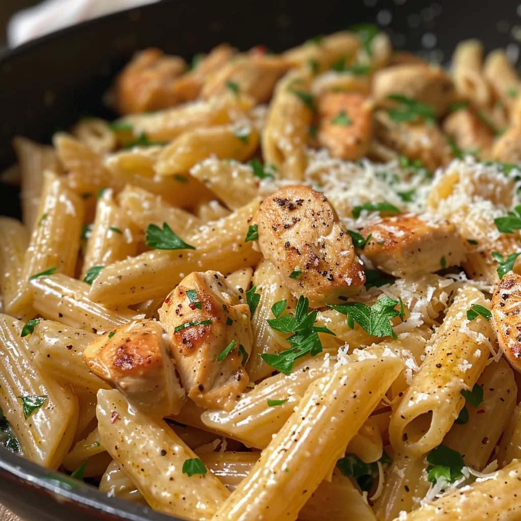 Side view of healthy garlic parmesan chicken pasta, highlighting its creamy texture and garnishes.