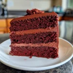 A close-up side view of a Healthy Red Velvet Cake showcasing its moist layers and cream cheese frosting.