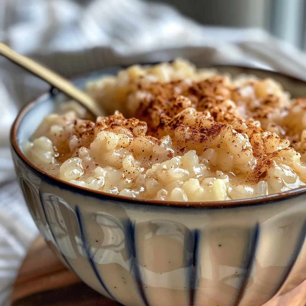 Side view of a bowl of rice pudding made with plant-based ingredients and garnished with cinnamon.