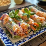 Close-up view of fresh spring rolls filled with colorful vegetables and shrimp.