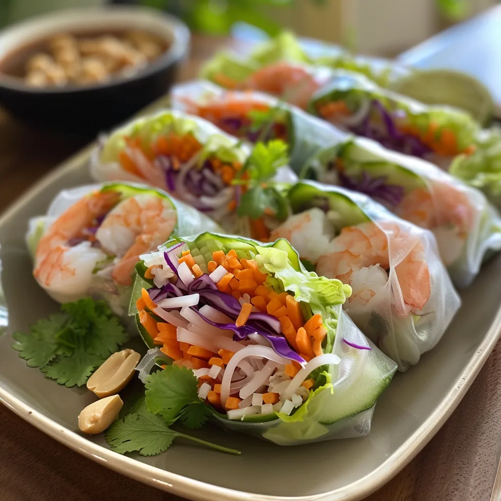 Side view of healthy spring rolls showcasing vibrant ingredients wrapped in rice paper.