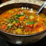 Close-up view of a bowl of hearty lentil soup filled with colorful vegetables.