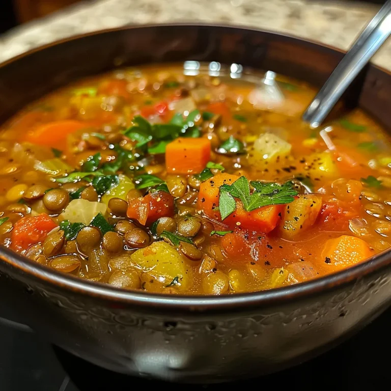 Close-up view of a bowl of hearty lentil soup filled with colorful vegetables.