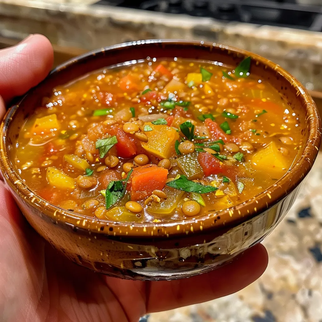Side view of a steaming bowl of lentil soup with vibrant veggies.