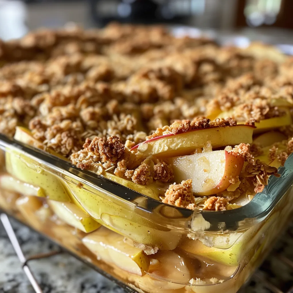 Side view of a high-protein apple crumble garnished with a sprinkle of cinnamon.