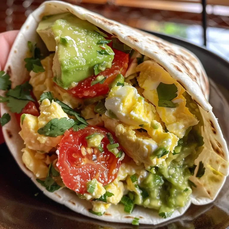 A close-up side view of a high-protein breakfast wrap featuring cottage cheese and avocado.