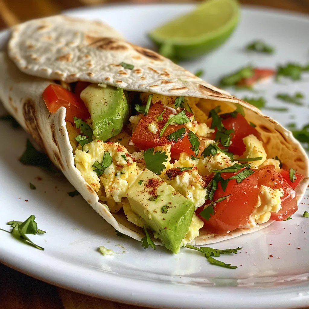 Juicy breakfast wrap filled with scrambled eggs, cottage cheese, avocado, and tomato, taken from the side.