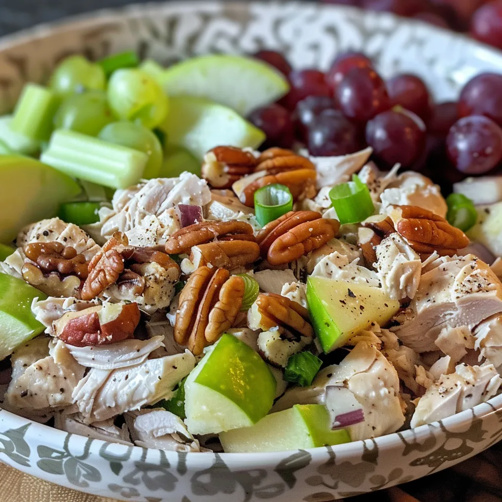 Side view of a hearty chicken salad with green apples and red grapes.