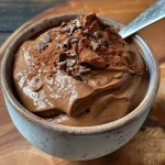 A close-up side view of a rich, creamy bowl of high-protein chocolate mousse topped with cocoa powder.