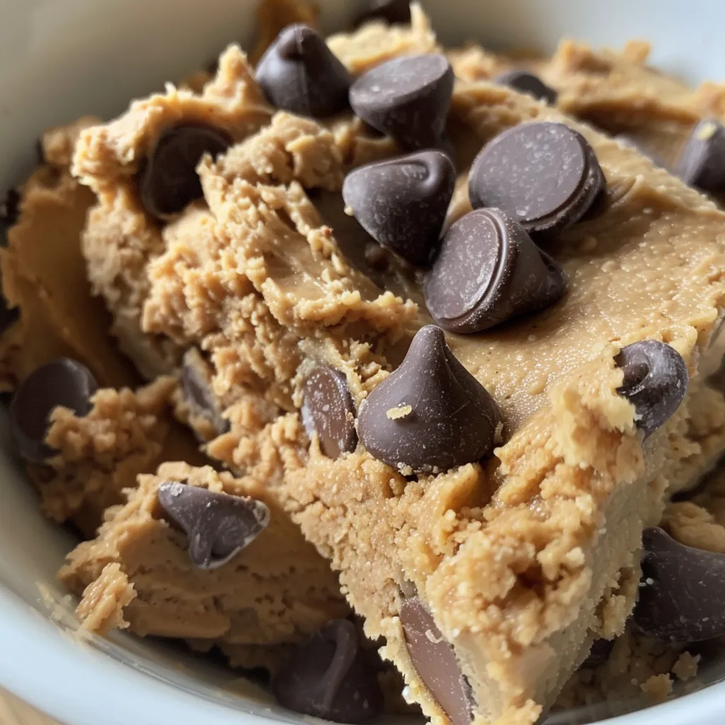 Side view of delicious edible cookie dough with a sprinkle of mini dark chocolate chips.