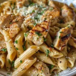 Close-up view of a pasta bowl filled with garlic parmesan pasta and sliced grilled chicken.