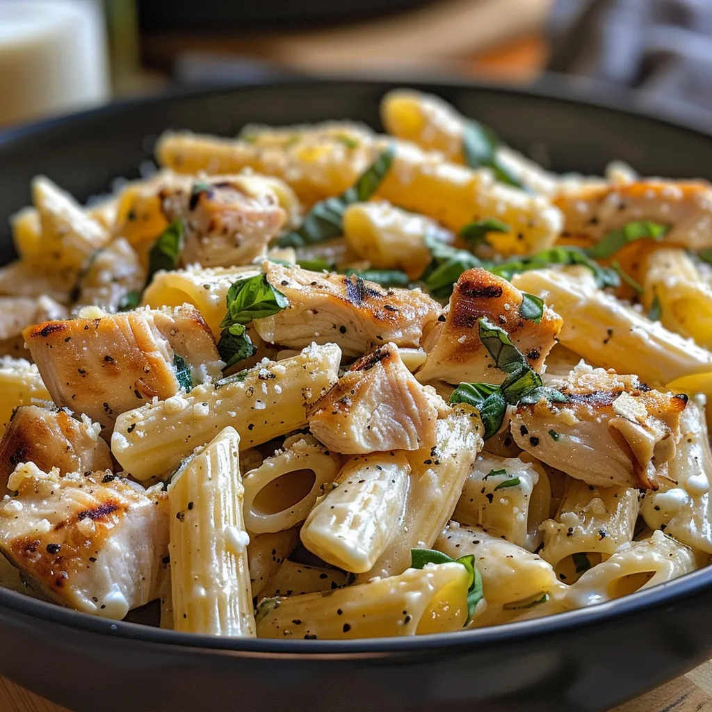 Side view of a delicious high-protein pasta dish with creamy sauce and fresh herbs.