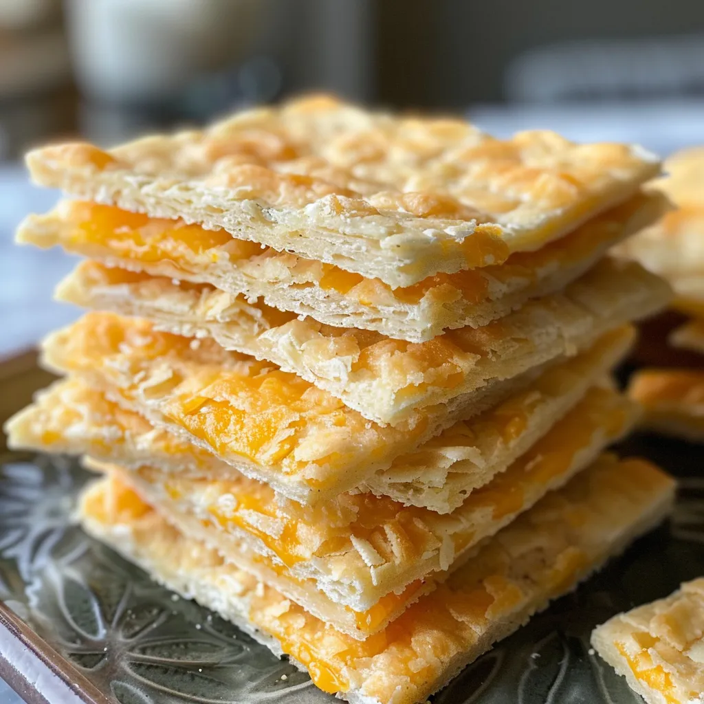 Side view of crispy homemade Cheez-Its on a wooden surface.