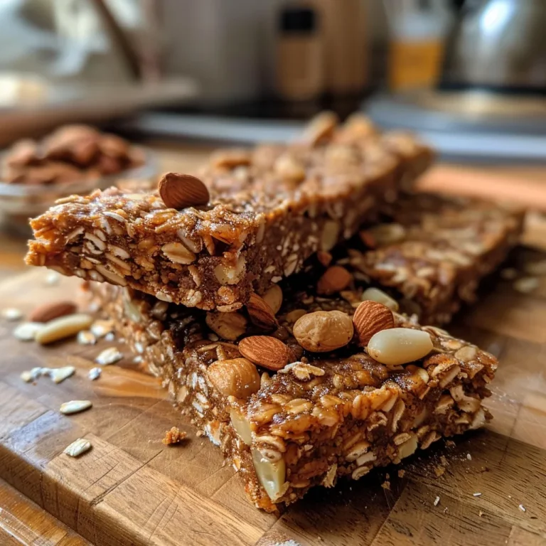 Close-up of homemade energy bars stacked, showcasing nuts and seeds.