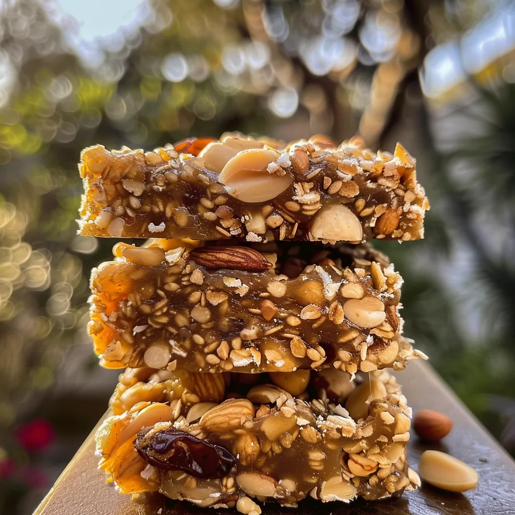 Side view of delicious energy bars, highlighting their texture and ingredients.