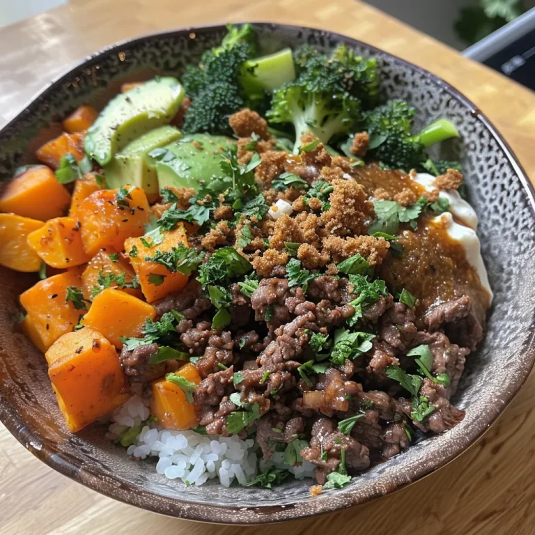 Close-up view of a Hot Honey Beef Bowl topped with avocado and broccoli.