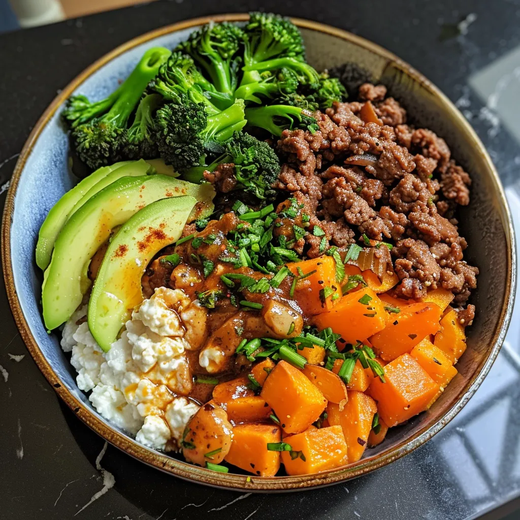 Juicy Hot Honey Beef Bowl featuring minced beef and colorful sweet potato.