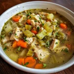 Close-up view of a bowl of Keto Chicken Soup with visible vegetables and chicken.
