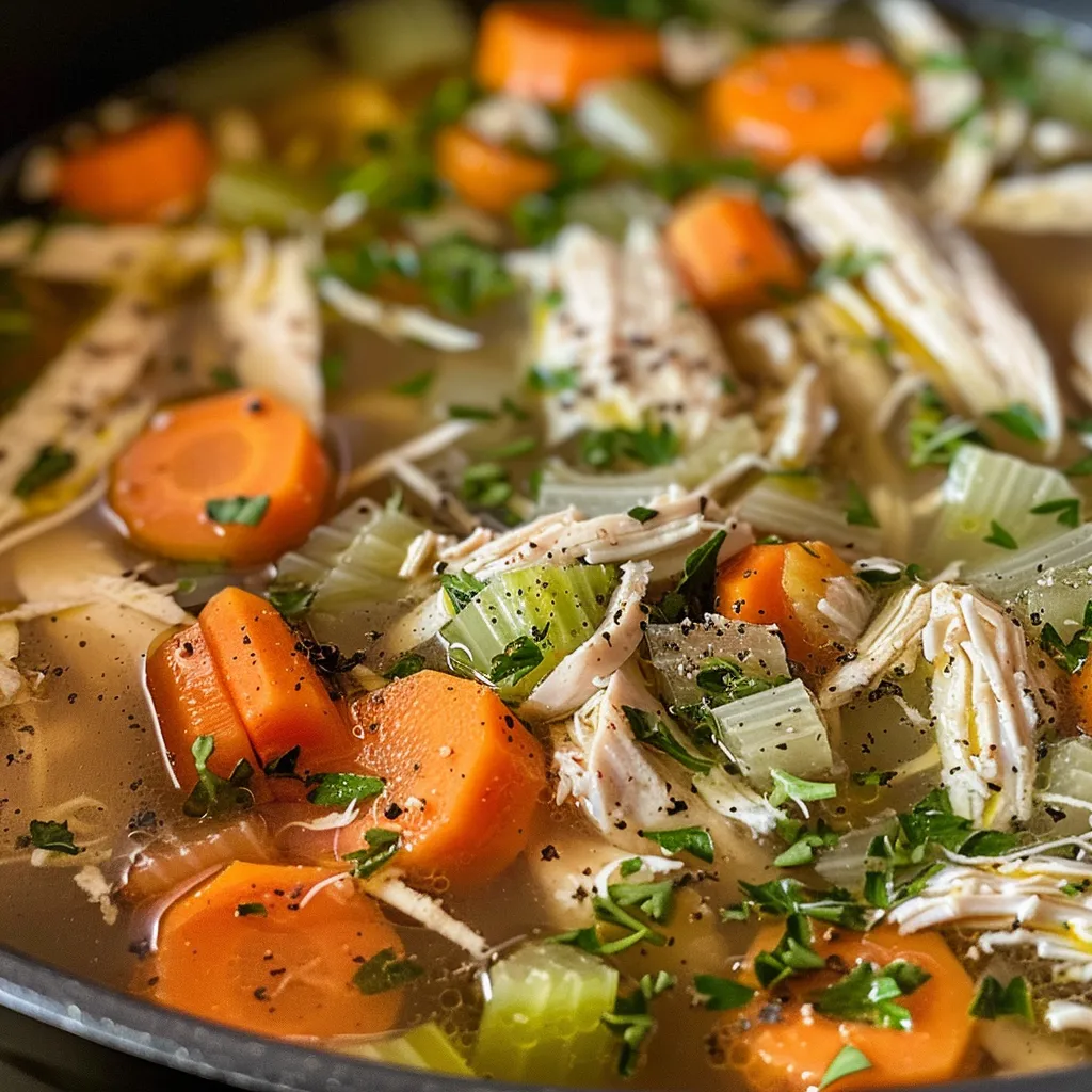 Side view of a steaming bowl of delicious Chicken Soup, showcasing ingredients like carrots and celery.