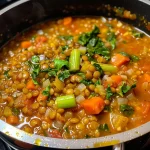 A close-up side view of a bowl filled with colorful lentil and vegetable soup.