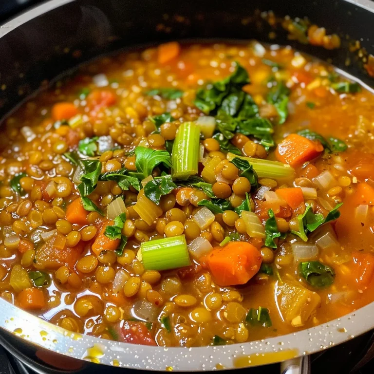 A close-up side view of a bowl filled with colorful lentil and vegetable soup.