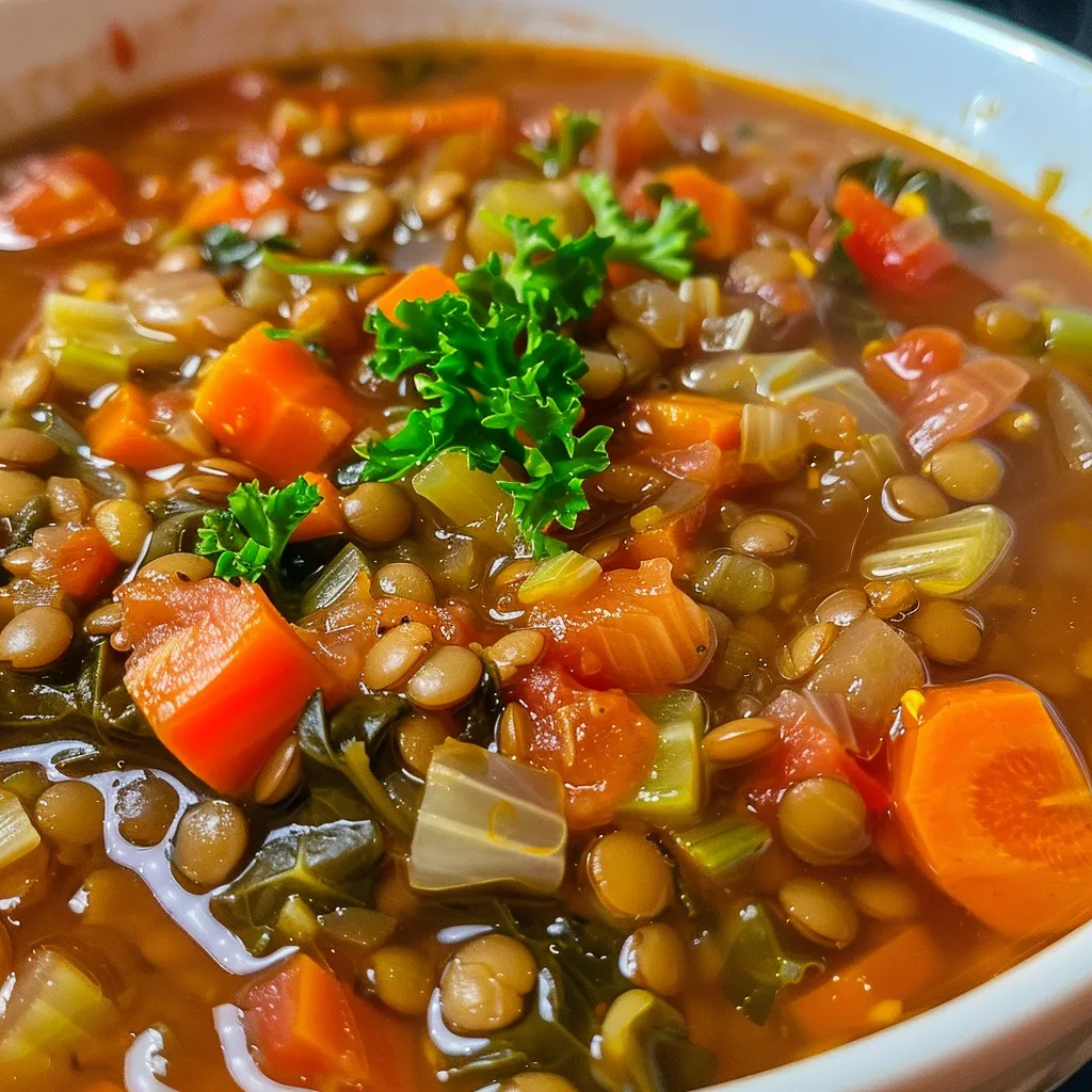 Juicy lentil and vegetable soup in a bowl, showcasing vibrant colors and textures.