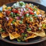 A close-up view of a loaded nacho platter topped with chili con carne, cheese, and toppings.