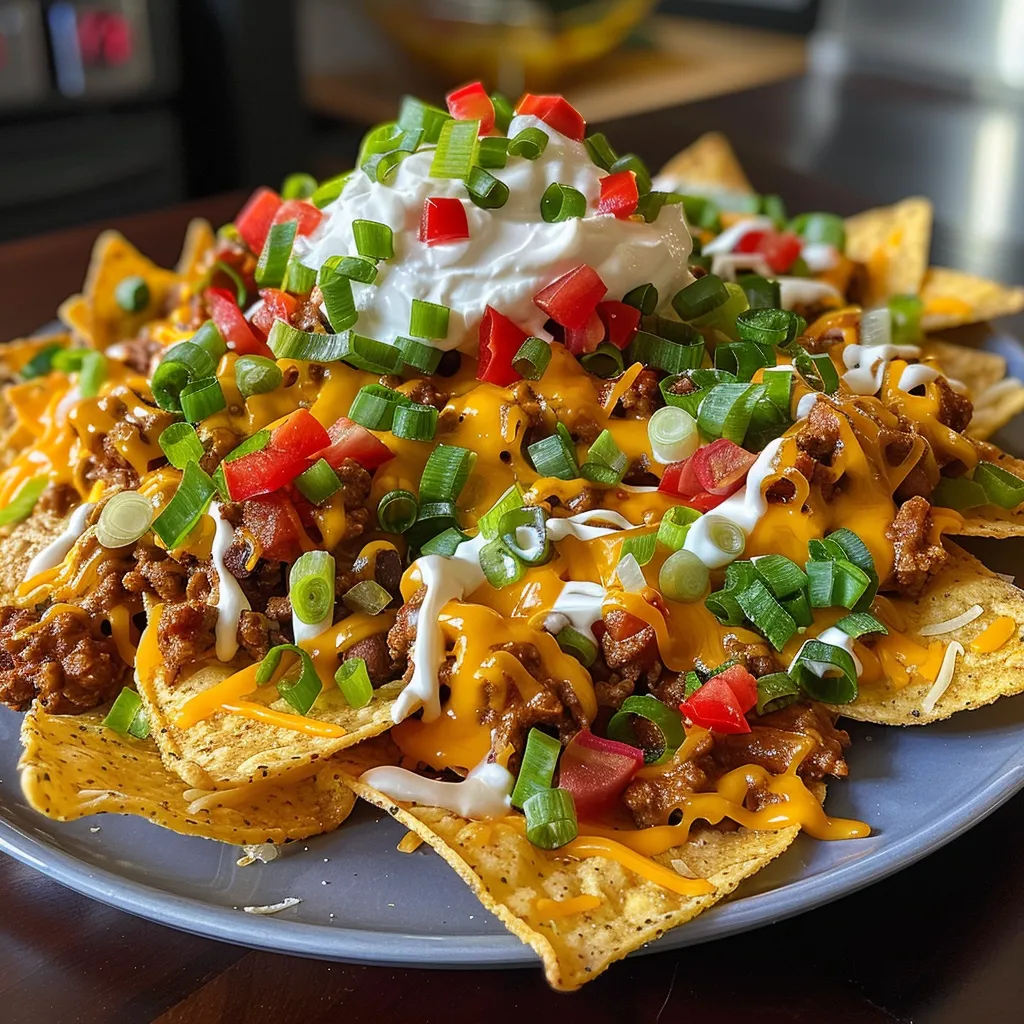 A vibrant plate of tortilla chips loaded with chili, melted cheese, and fresh garnishes.