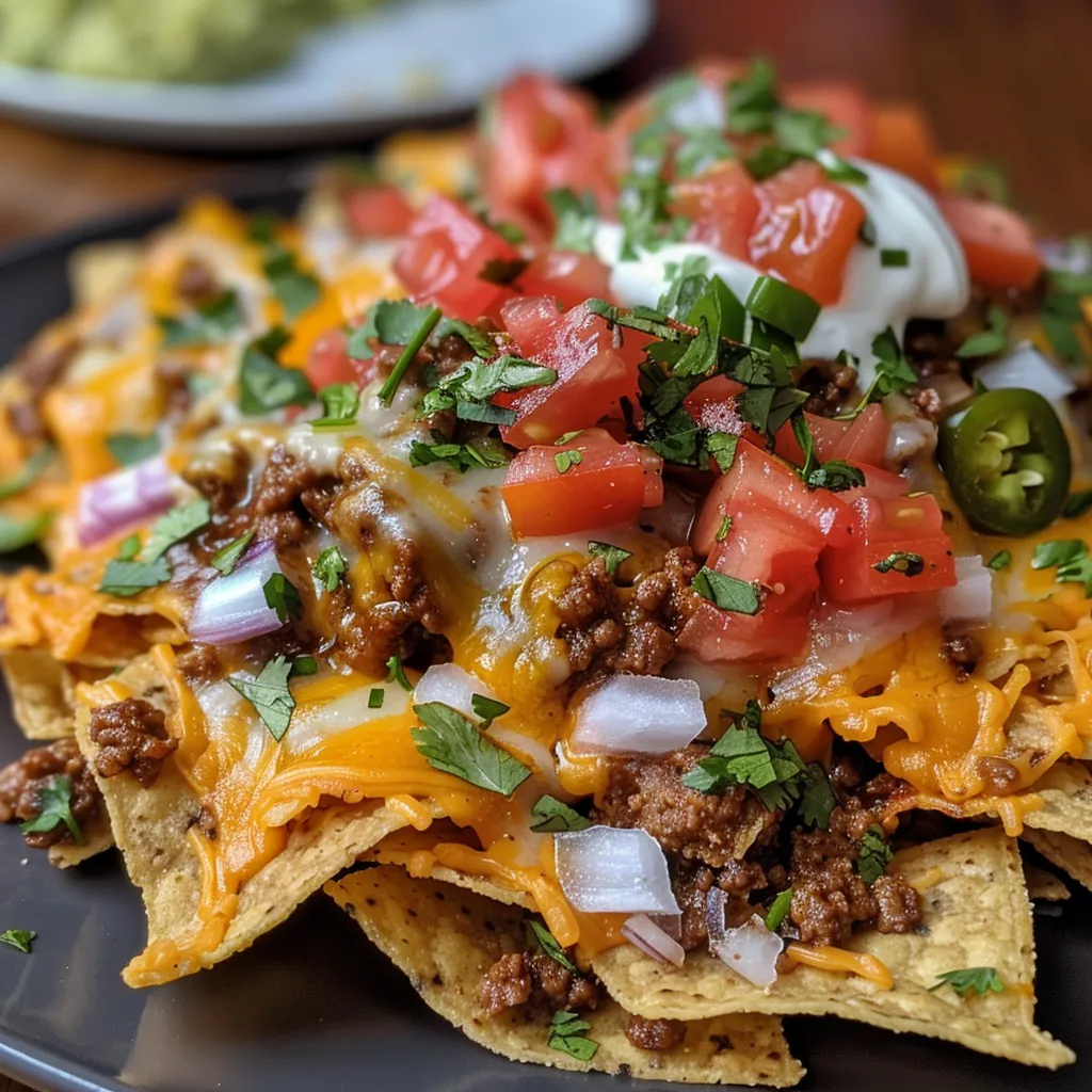 Juicy low carb nachos topped with diced tomatoes and guacamole.