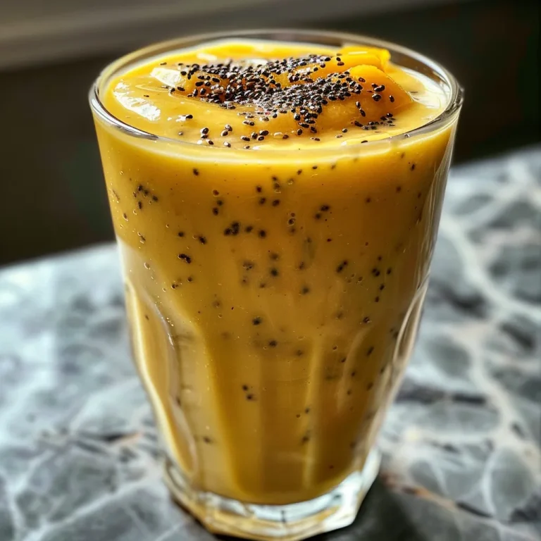 Close-up of a vibrant mango banana smoothie in a clear glass with ice cubes.