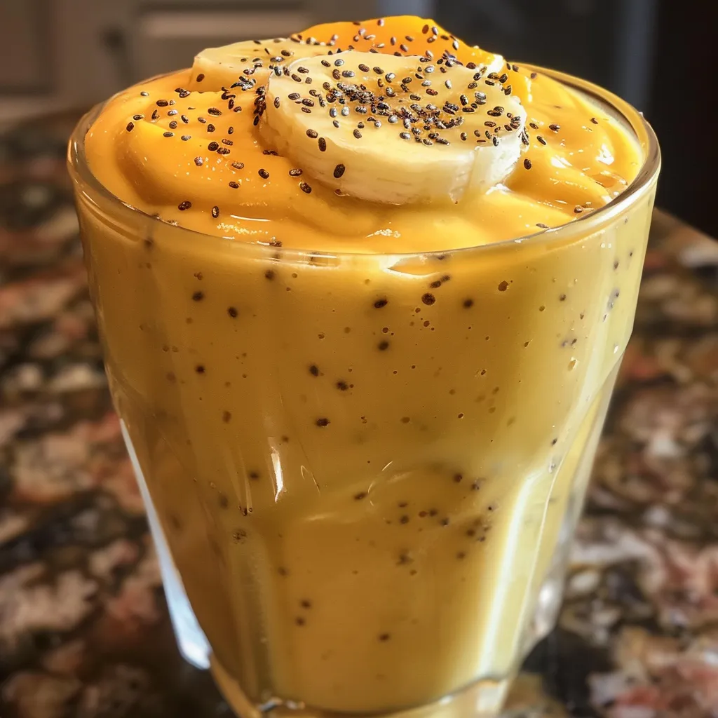 Side view of a thick, creamy mango banana smoothie topped with a slice of mango.