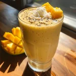 Close-up view of a vibrant Mango Coconut Protein Smoothie in a glass.