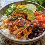 A vibrant Mexican chicken and rice bowl featuring seasoned chicken, rice, black beans, and colorful toppings.