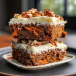 Close-up side view of a mini carrot cake with brown butter cream cheese frosting.