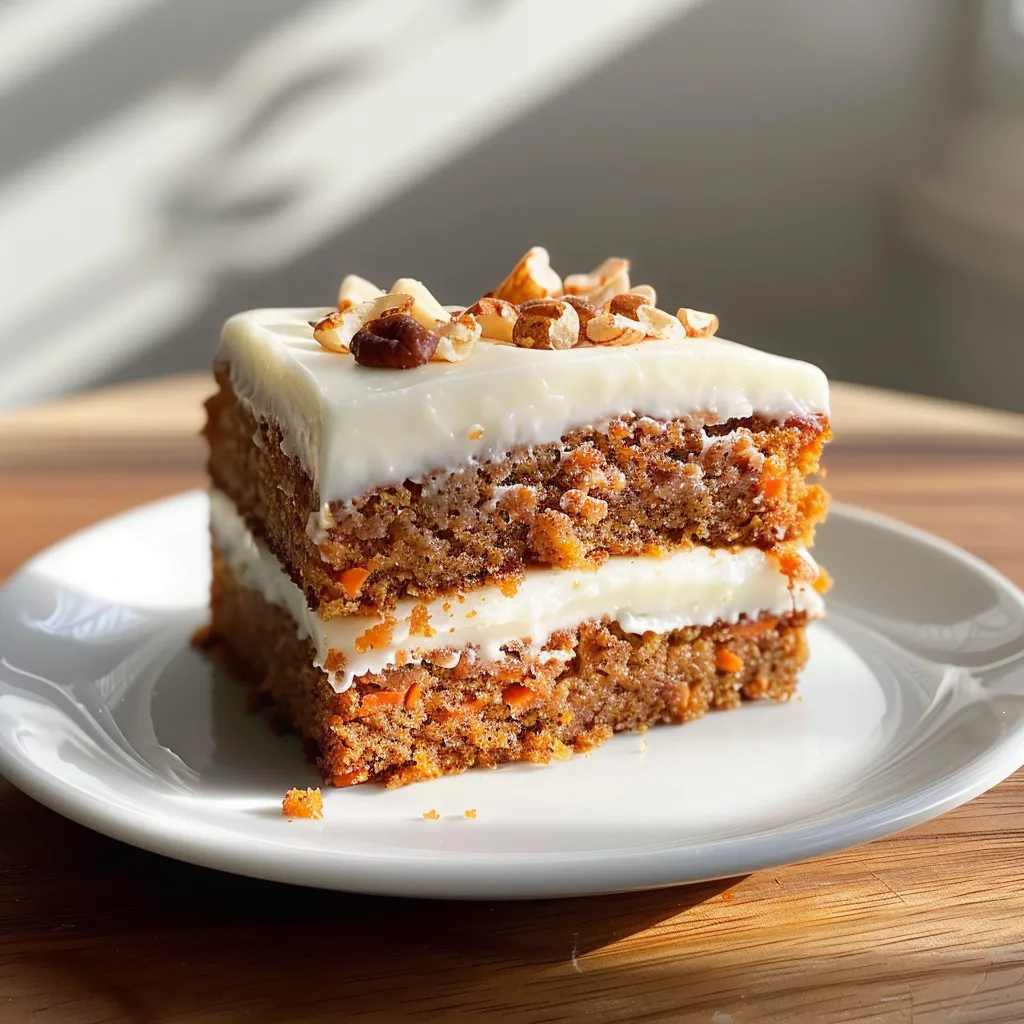 Juicy mini carrot cake topped with smooth brown butter cream cheese frosting, seen from the side.