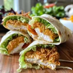 Close-up of mini fried chicken wraps showcasing golden-brown chicken and fresh greens.