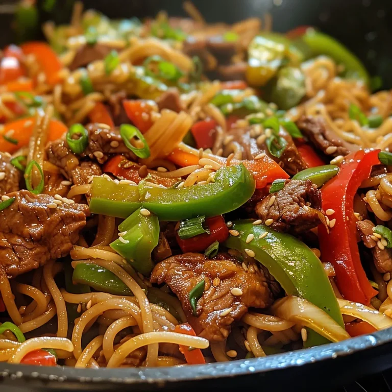Savor the Comfort Quick Mongolian Beef Noodle Stir Fry for Busy Nights Close-up view of Mongolian Beef Noodle Stir Fry with colorful vegetables and tender beef slices.