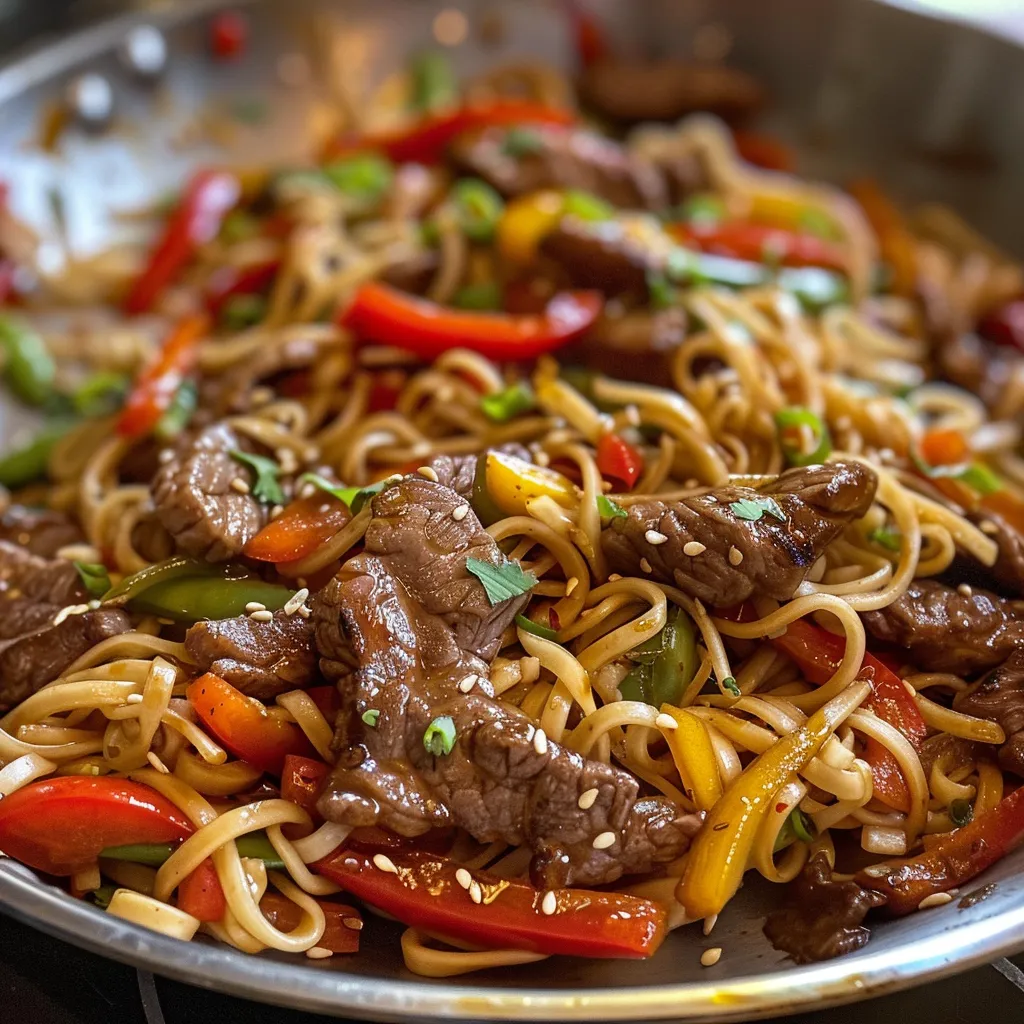Juicy Mongolian beef stir fry with egg noodles and vibrant bell peppers in a bowl.