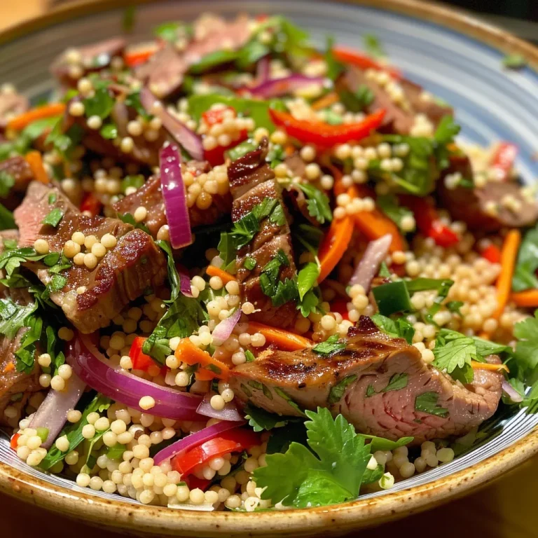 Close-up view of a colorful Moroccan beef and couscous salad with fresh vegetables.