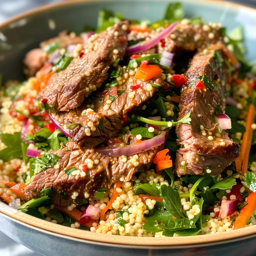 Side perspective of a vibrant beef couscous salad, featuring greens and spices.